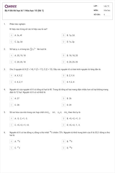 Bộ 4 Đề thi học kì 1 Hóa học 10 (Đề 1)