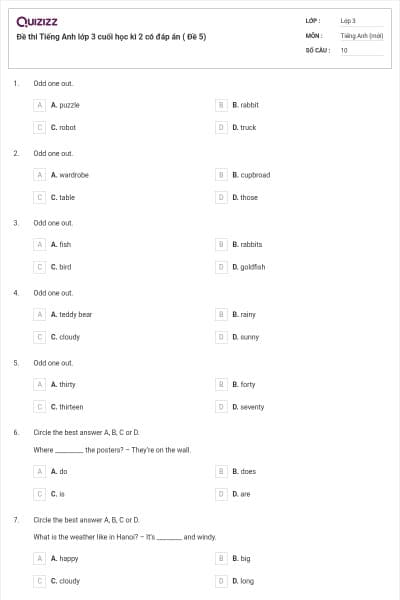 Đề thi Tiếng Anh lớp 3 cuối học kì 2 có đáp án ( Đề 5)