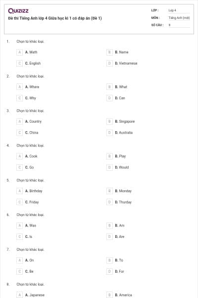 Đề thi Tiếng Anh lớp 4 Giữa học kì 1 có đáp án (Đề 1)