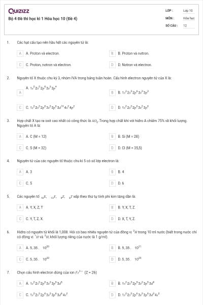 Bộ 4 Đề thi học kì 1 Hóa học 10 (Đề 4)
