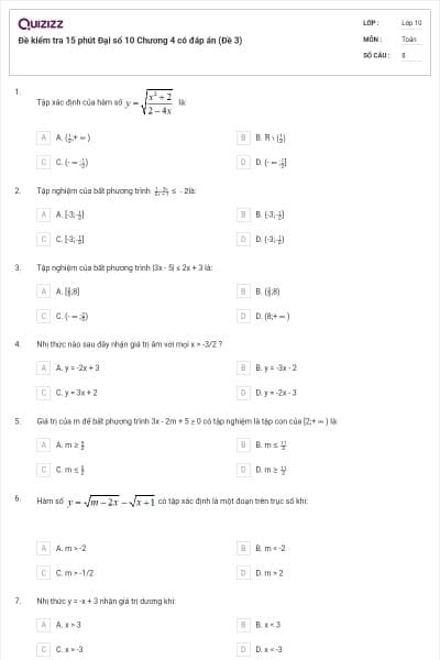 Đề kiểm tra 15 phút Đại số 10 Chương 4 có đáp án (Đề 3)