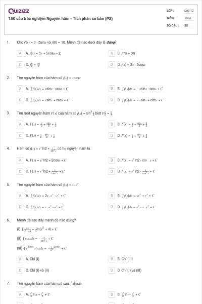 150 câu trắc nghiệm Nguyên hàm - Tích phân cơ bản (P3)
