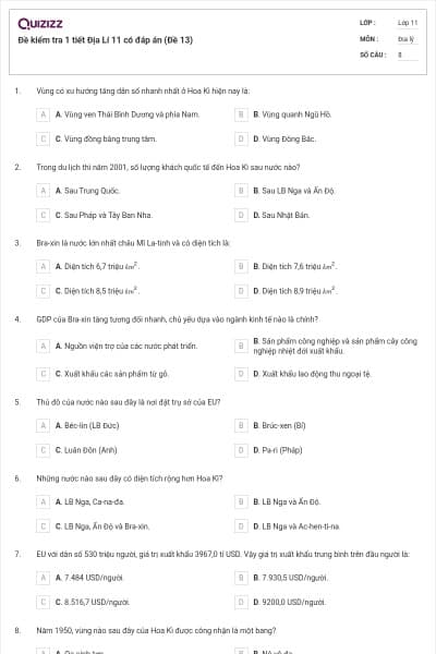Đề kiểm tra 1 tiết Địa Lí 11 có đáp án (Đề 13)