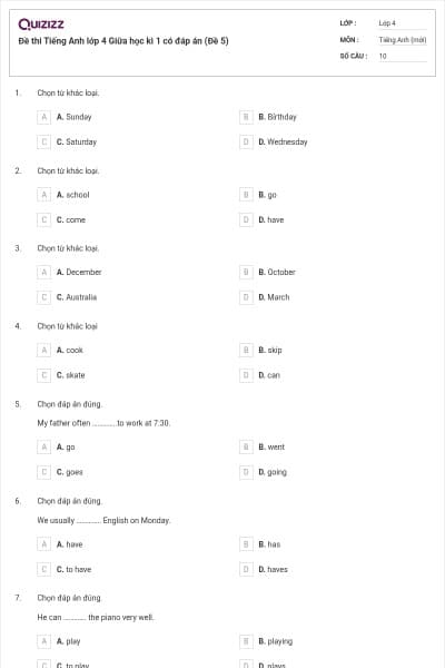 Đề thi Tiếng Anh lớp 4 Giữa học kì 1 có đáp án (Đề 5)