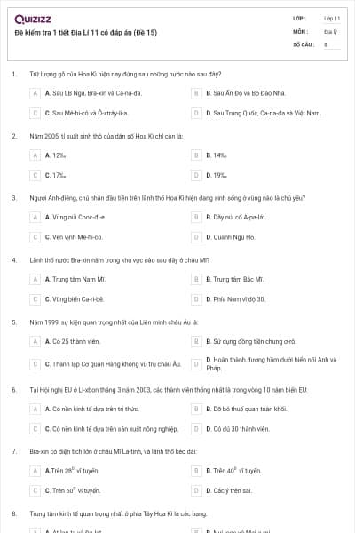 Đề kiểm tra 1 tiết Địa Lí 11 có đáp án (Đề 15)