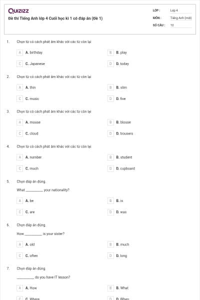 Đề thi Tiếng Anh lớp 4 Cuối học kì 1 có đáp án (Đề 1)