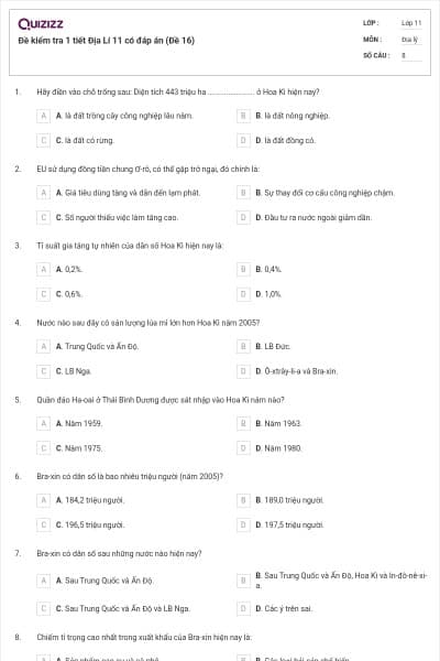 Đề kiểm tra 1 tiết Địa Lí 11 có đáp án (Đề 16)