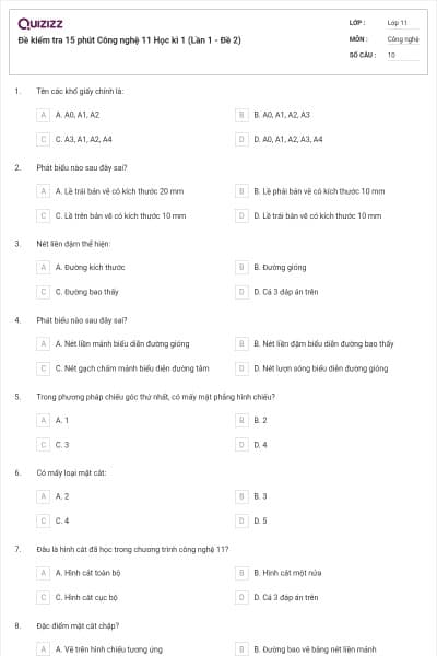 Đề kiểm tra 15 phút Công nghệ 11 Học kì 1 (Lần 1 - Đề 2)
