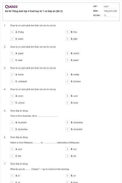Đề thi Tiếng Anh lớp 4 Cuối học kì 1 có đáp án (Đề 2)