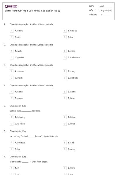 Đề thi Tiếng Anh lớp 4 Cuối học kì 1 có đáp án (Đề 3)