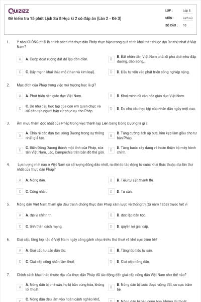 Đề kiểm tra 15 phút Lịch Sử 8 Học kì 2 có đáp án (Lần 2 - Đề 3)