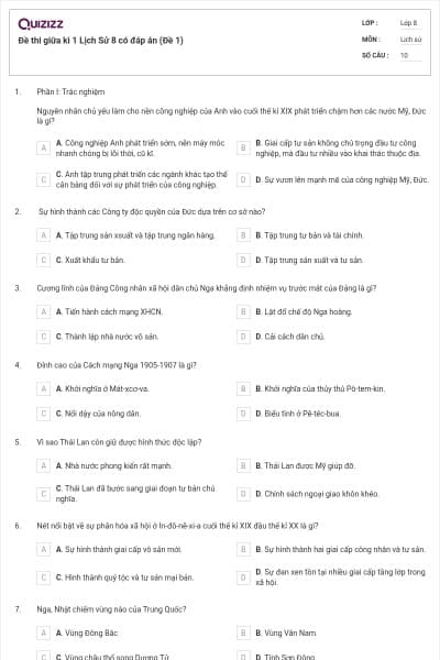 Đề thi giữa kì 1 Lịch Sử 8 có đáp án (Đề 1)