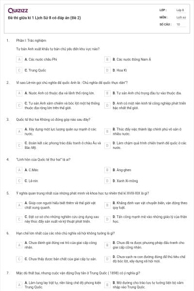 Đề thi giữa kì 1 Lịch Sử 8 có đáp án (Đề 2)