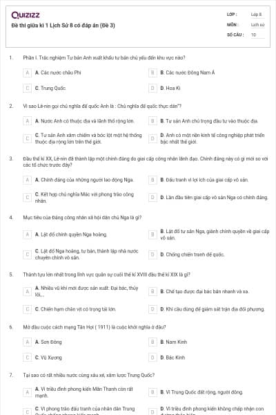Đề thi giữa kì 1 Lịch Sử 8 có đáp án (Đề 3)