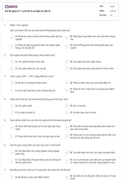 Đề thi giữa kì 1 Lịch Sử 8 có đáp án (Đề 4)