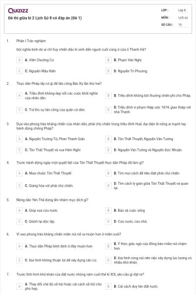 Đề thi giữa kì 2 Lịch Sử 8 có đáp án (Đề 1)