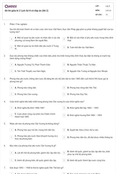 Đề thi giữa kì 2 Lịch Sử 8 có đáp án (Đề 2)