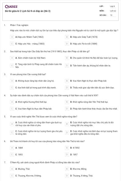 Đề thi giữa kì 2 Lịch Sử 8 có đáp án (Đề 3)