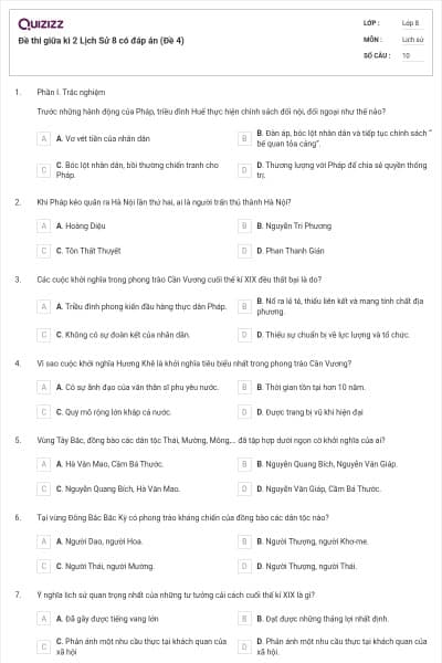 Đề thi giữa kì 2 Lịch Sử 8 có đáp án (Đề 4)
