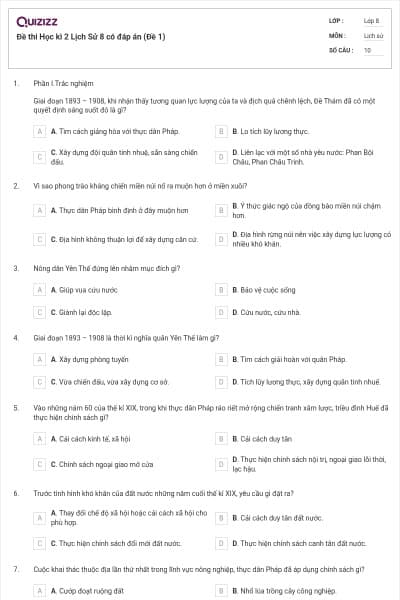 Đề thi Học kì 2 Lịch Sử 8 có đáp án (Đề 1)