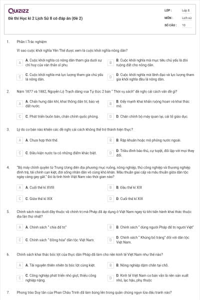 Đề thi Học kì 2 Lịch Sử 8 có đáp án (Đề 2)
