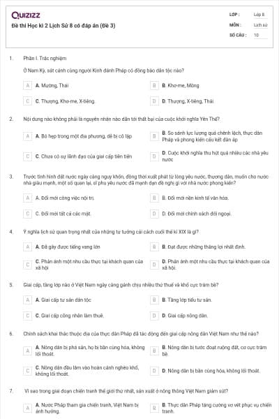 Đề thi Học kì 2 Lịch Sử 8 có đáp án (Đề 3)