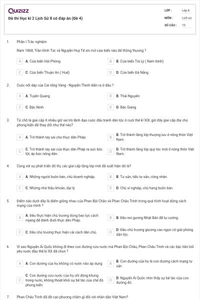 Đề thi Học kì 2 Lịch Sử 8 có đáp án (Đề 4)
