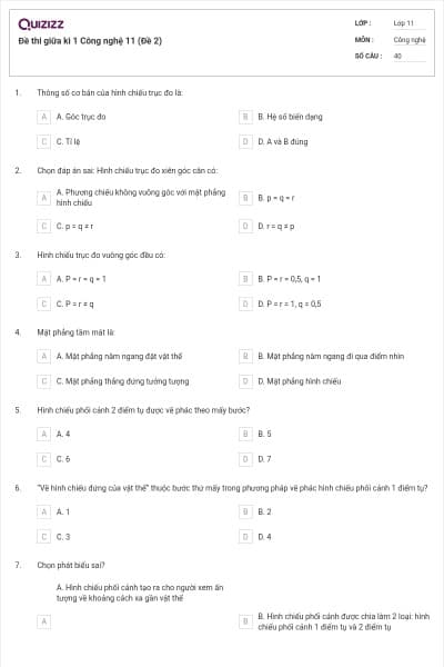 Đề thi giữa kì 1 Công nghệ 11 (Đề 2)