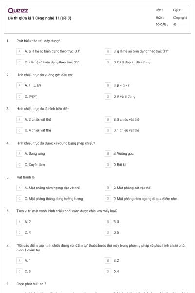Đề thi giữa kì 1 Công nghệ 11 (Đề 3)