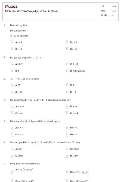 Đề thi Học kì 1 Toán 9 chọn lọc, có đáp án (Đề 4)