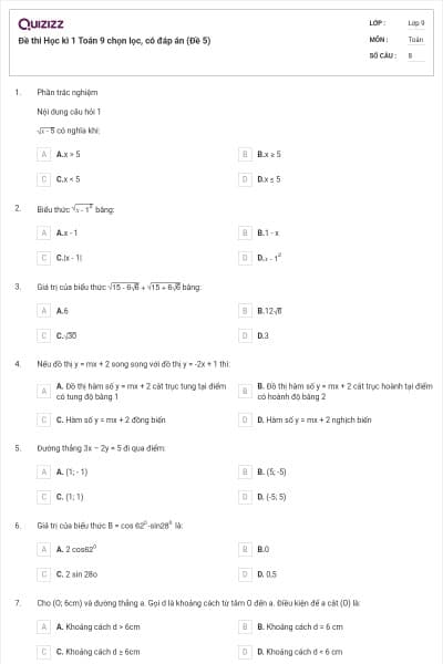 Đề thi Học kì 1 Toán 9 chọn lọc, có đáp án (Đề 5)