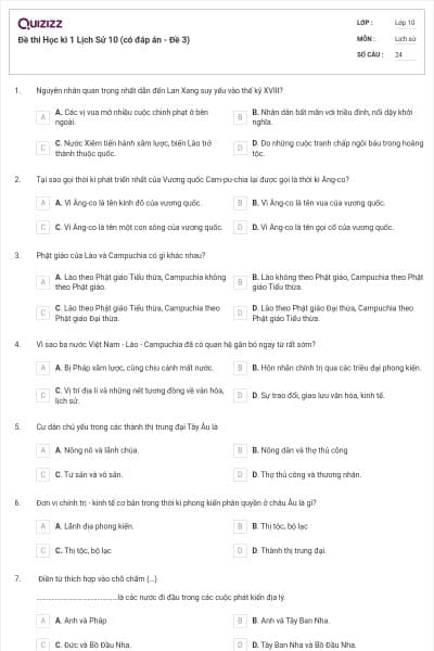 Đề thi Học kì 1 Lịch Sử 10 (có đáp án - Đề 3)