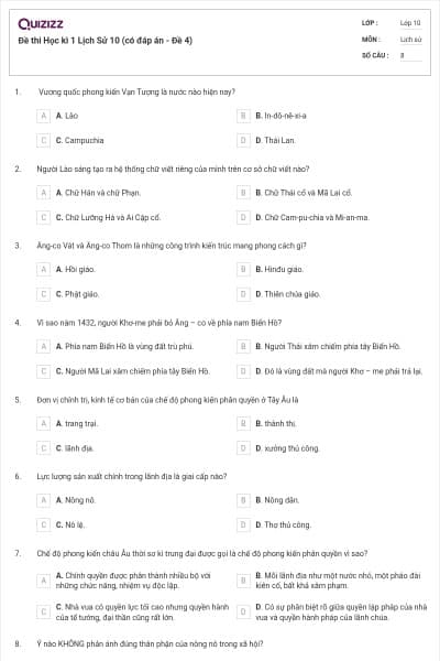 Đề thi Học kì 1 Lịch Sử 10 (có đáp án - Đề 4)