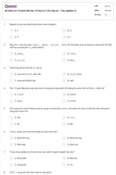 Đề kiểm tra 15 phút Hóa học 10 Học kì 2 (Có đáp án - Trắc nghiệm 2)
