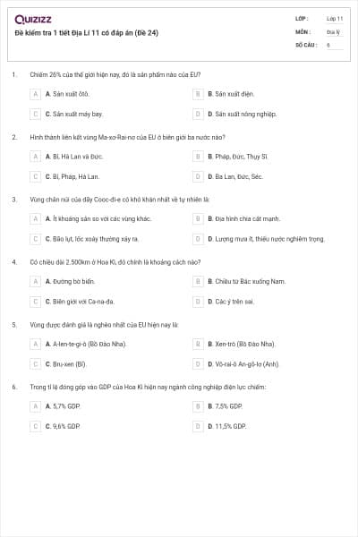 Đề kiểm tra 1 tiết Địa Lí 11 có đáp án (Đề 24)