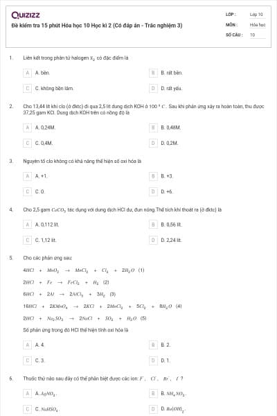 Đề kiểm tra 15 phút Hóa học 10 Học kì 2 (Có đáp án - Trắc nghiệm 3)