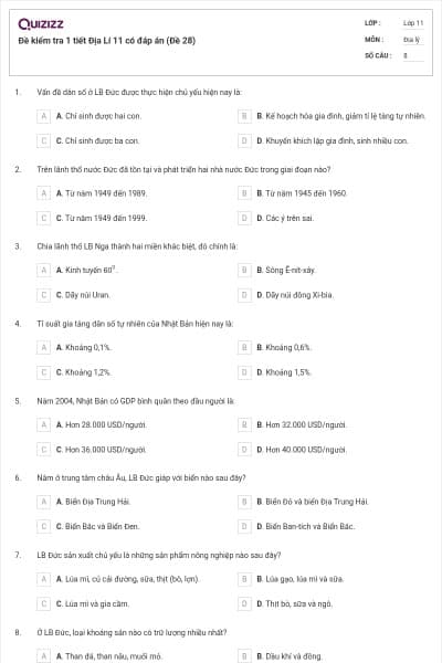 Đề kiểm tra 1 tiết Địa Lí 11 có đáp án (Đề 28)