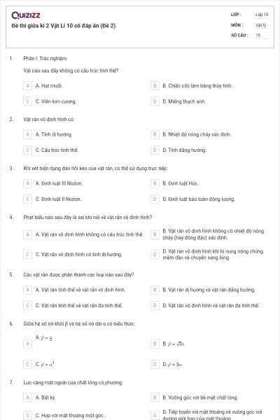 Đề thi giữa kì 2 Vật Lí 10 có đáp án (Đề 2)