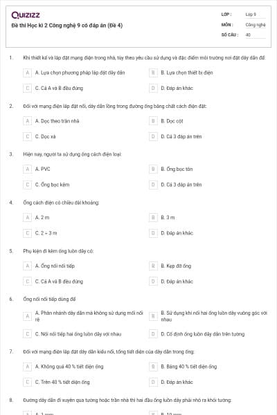Đề thi Học kì 2 Công nghệ 9 có đáp án (Đề 4)