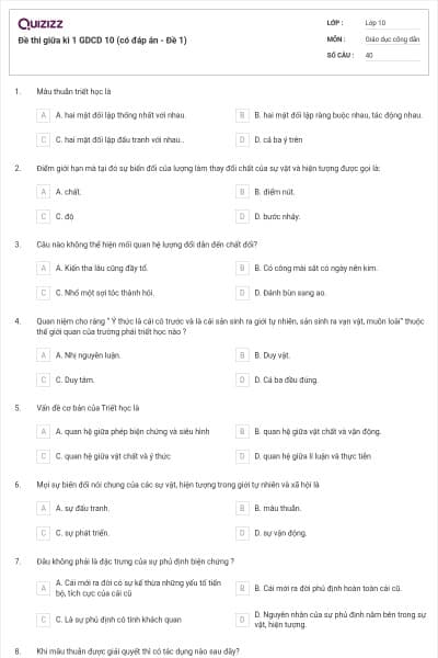 Đề thi giữa kì 1 GDCD 10 (có đáp án - Đề 1)