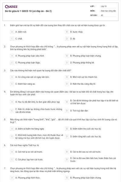 Đề thi giữa kì 1 GDCD 10 (có đáp án - Đề 2)