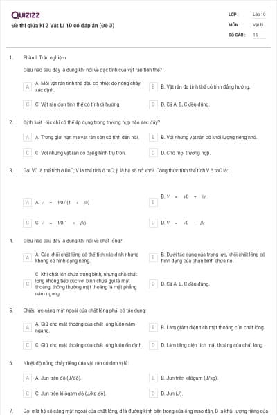 Đề thi giữa kì 2 Vật Lí 10 có đáp án (Đề 3)