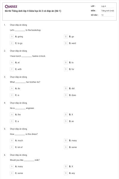 Đề thi Tiếng Anh lớp 4 Giữa học kì 2 có đáp án (Đề 1)