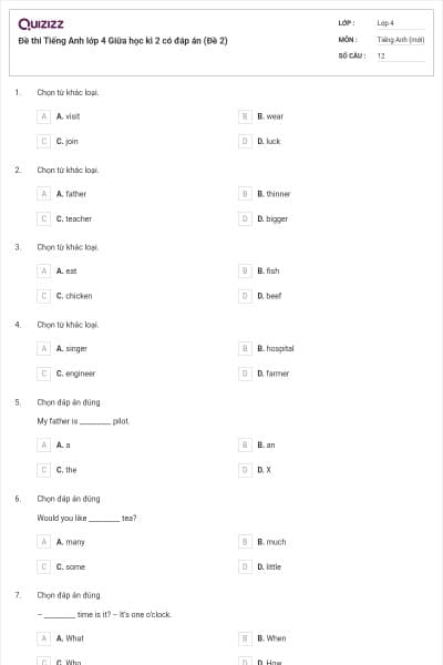 Đề thi Tiếng Anh lớp 4 Giữa học kì 2 có đáp án (Đề 2)