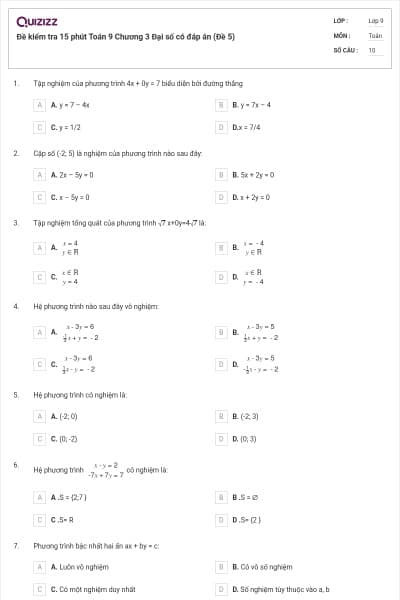 Đề kiểm tra 15 phút Toán 9 Chương 3 Đại số có đáp án (Đề 5)