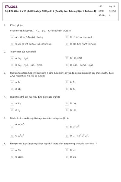 Bộ 4  Đề kiểm tra 15 phút Hóa học 10 Học kì 2 (Có đáp án - Trắc nghiệm + Tự luận 4)