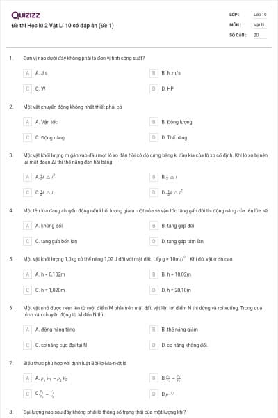 Đề thi Học kì 2 Vật Lí 10 có đáp án (Đề 1)