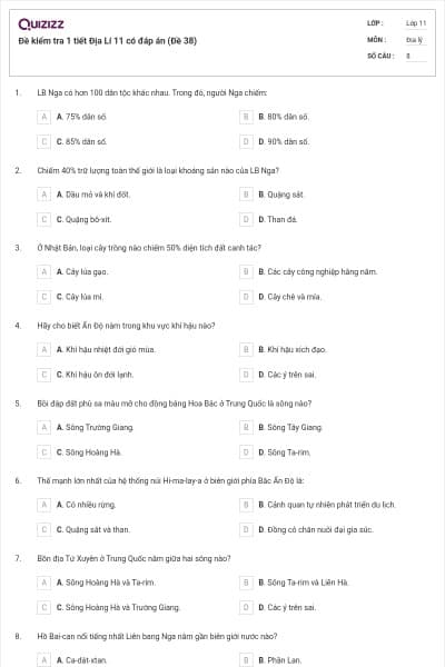 Đề kiểm tra 1 tiết Địa Lí 11 có đáp án (Đề 38)