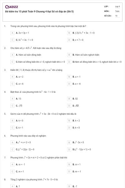 Đề kiểm tra 15 phút Toán 9 Chương 4 Đại Số có đáp án (Đề 5)