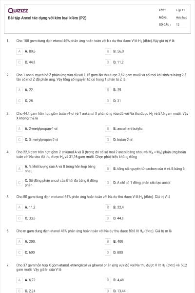 Bài tập Ancol tác dụng với kim loại kiềm (P2)